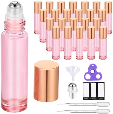 PrettyCare 24 Pack, 10 ml Essential Oil Roller Bottles with Stainless Steel Roller Ball - Refillable Leak-proof Empty Thick Pink Glass Roll on Bottles with Metal Caps for Travel, Perfume by PrettyCare
