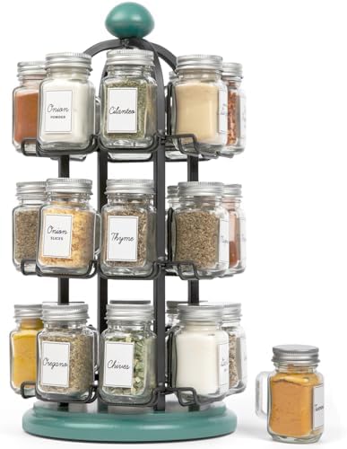 Adrinova 24 Jar Rotating Spice Rack with Spices Included & 5-Year Spice Refill Program – Revolving Countertop Spice Rack with Glass Jars