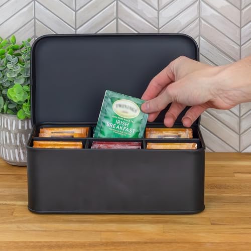 Enamelware Tea Bag Box (Black), Classic Sleek Style Tea Storage Tin