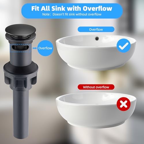 2 Pack Universal Bathroom Sink Drain Stopper, Pop Up Drain Strainer with Overflow, Push and Seal Sink Plug with Basket for Lavatory Vanity Vessel, Anti-Clogging Strainer, Matte Black