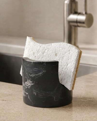 Black Marble Sponge Holder for Kitchen Sink, Compact Natural Stone Caddy