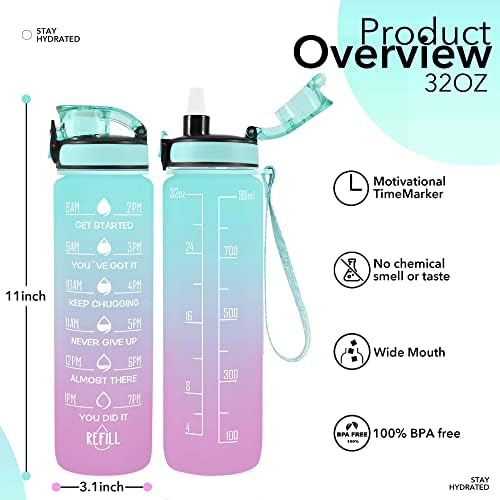 32 oz Water Bottles with Strap & Straw, Sport Motivational Water Bottles