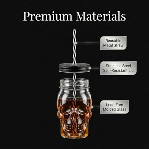 Skull Mason Jar Mug Tumbler Glass Cups with Cover and Straw, Halloween Decor, Drinking Glasses - 16oz - Set of 2