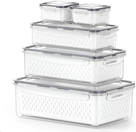 5 Pack Fruit Storage Containers for Fridge, Stackable Leakproof Food Keeper with Removable Colander, BPA-Free Produce Saver for Vegetables, Berries & Meat