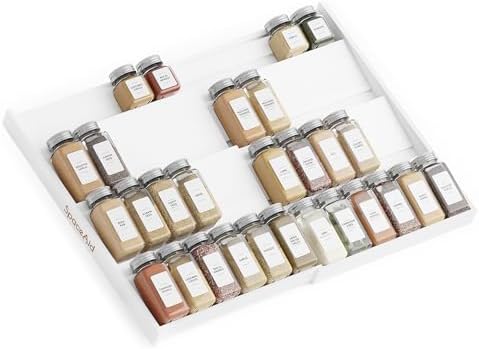 Bamboo White Spice Drawer Organizer, (Need 3" Deep Drawer) Expandable 4 Tier Spices Rack for Cabinet, Kitchen Seasoning Storage Insert (Jars Not Included, From 12" to 23" Wide)