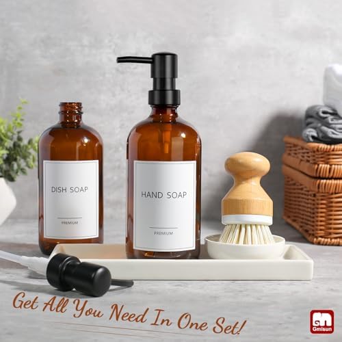 Dish Soap Dispenser, 16 Oz Kitchen Soap Dispenser Set with Ceramic Tray & Bamboo Brush, 2 Pack Thick Amber Glass Soap Dispenser, Farmhouse Refillable Hand and Dish Liquid Soap Pump Bottle Set