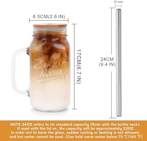 Mason Jar with Lid and Straw, 24 oz Regular Mouth Mason Jars with Handle Drinking Glasses Tumbler Reusable Cups Smoothie Water Bottles for Iced Coffee Classic
