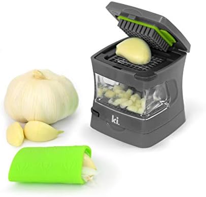 Garlic-A-Peel Garlic Press, Crusher, Cutter, Mincer, and Storage Container - Includes Silicone Garlic Peeler - Easy to Clean - Stainless Steel Blades – (Grey), standard by Kitchen+Innovations