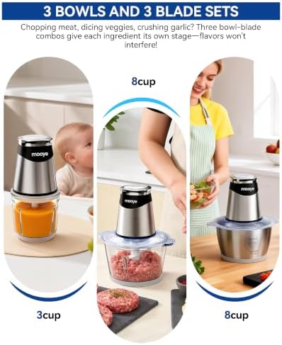 Food Processor Electric Food Chopper with Meat Grinder & Vegetable Chopper - 3 Bowls(8Cup+8Cup+3Cup) with Powerful Copper Motor - Includes 3 Sets of Bi-Level Blades for Fruits/Meat/Nuts - Image 2
