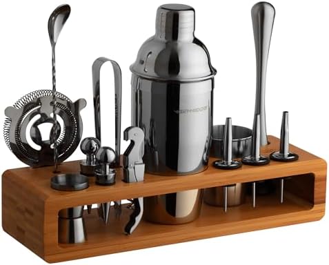 Pro-Graded Cocktail Shaker Set with Stand | Complete Bartender Kit | 24oz Martini Shaker, Jigger, Strainer, Bar Spoon, Tongs, Opener, Muddler, Home Bar Essentials