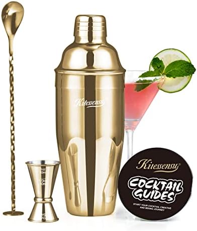Cocktail Shaker Set, Stainless Steel Bartending Kit with 25 Ounce Cocktail Shaker with Built in Drink Strainer, Measuring Jigger, Mixing Spoon & Drink Recipe Guide, Gold
