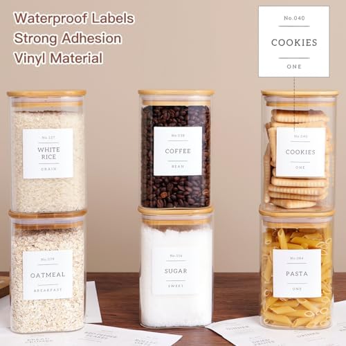 6 Pack Square Kitchen Storage Jars with Airtight Bamboo Lids and 132 Pantry Labels - 35oz Glass Canisters With Wood Lids - Food Storage Containers for Coffee, Cookie, Tea, Spice
