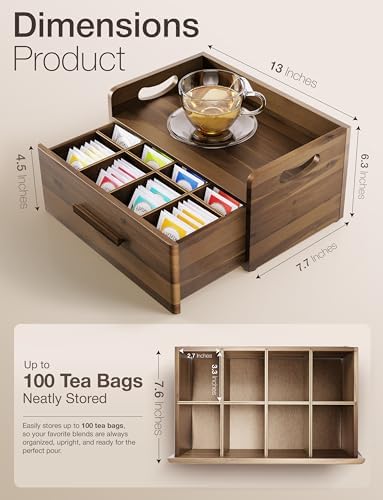 Acacia Wooden Tea Box Organizer with Drawer for Countertop Display