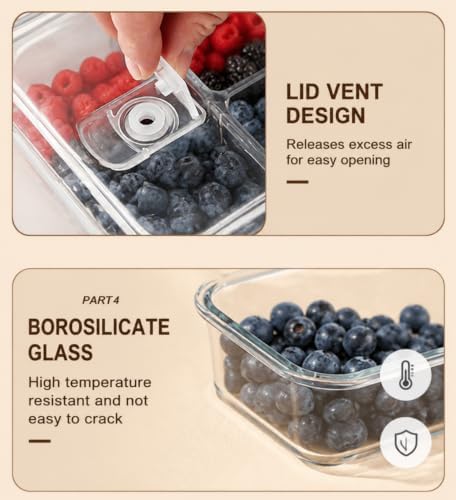 2 Pack 56oz Glass Berry Container for Fridge,with Removable Colander and Vent Valve,Fresh Fruit and Vegetable Storage Set