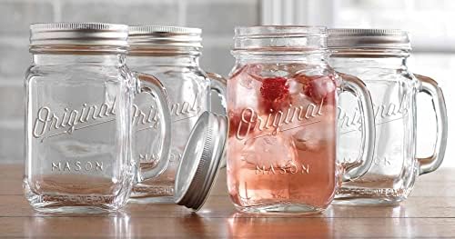 Mason Jar 16 Oz. Glass Mugs with Handle and Lid Set Of 6 Old Fashioned Drinking Glass Bottles Original Mason Jar Pint Sized Cup Set.