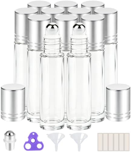 PrettyCare 12 Pack, 10 ml Essential Oil Roller Bottles with Stainless Steel Roller Ball - Refillable Leak-proof Empty Thick Clear Glass Roll on Bottles with Silver Caps for Travel, Perfume by PrettyCare
