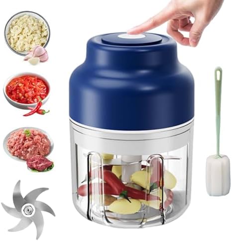 Electric Garlic Chopper, Mini Food Processor, Mini Portable Veggie Chopper with 4/6 Stainless Steel Blades, Rechargeable Small Food Processor for Garlic, Onion, Chili, Ginger, Nuts (Blue, 360ML) by WarmCozyHome