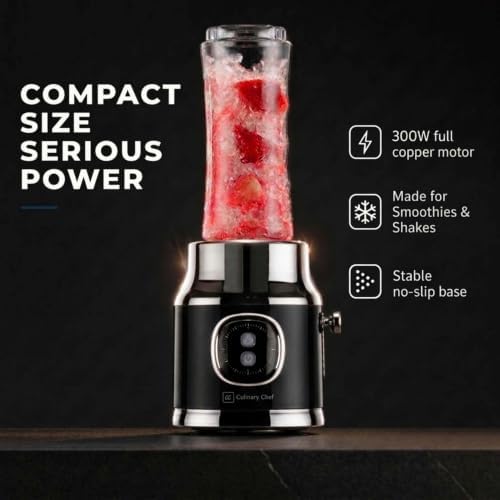 300W Smoothie Maker Blender with 500ml Glass Mason Jar & 600ml BPA-Free Sports Bottle, Personal Smoothie Blender for Smoothies, Shakes, Frozen Fruit & Ice, Black