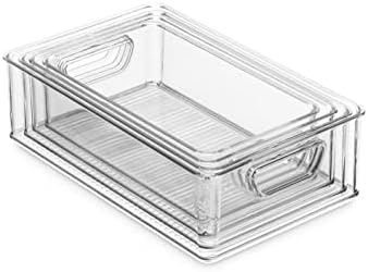 Set Of 16 Refrigerator Organizer Bins - Plastic Pantry Organization and Storage Baskets - Stackable Food Fridge Organizers with Cutout Handles for Freezer, Kitchen, Countertops, Cabinets