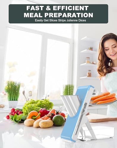 Eletronova Safe Mandoline Slicer for Kitchen, Vegetable Slicer with Container, French Fry Cutter, All in 1 Julienne Slicer for Potato, Thickness Adjustable, Detachable Blade (Light gray-blue) - Image 2