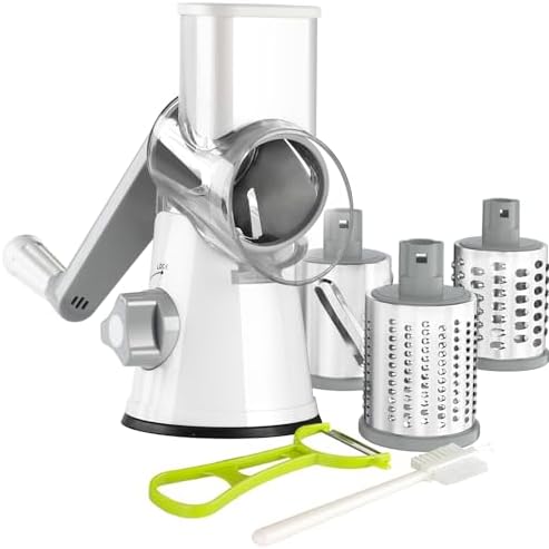 Rotary Cheese Grater Hand Crank, Kitchen Shredder Speed Mandolin Slicer Nuts Grinder with Handle and Drum Blades for Cheese, Vegetable, Walnuts, Chocolate, Potato, Carrot, 3 Blades, White