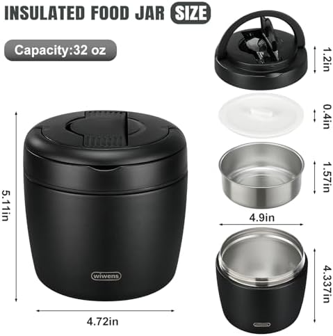 Thermo Food Jar for Hot Food 32OZ Soup Thermo Lunch Containers Wide Mouth Vacuum Insulated Stainless Steel Leakproof Bento Box with Spoon (Black)