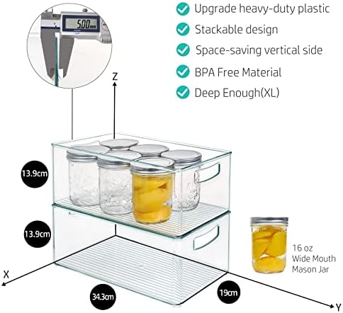 8 PACK Stackable Pantry Organizer Bins (3 Size) - Clear Fridge Organizer for Kitchen, Freezer, Refrigerator, Cabinet - Plastic Storage Container with Handle for Home