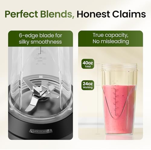 Personal Smoothie Blender, 1000W Single-Serve Blender with 24oz To-Go Cup, Twist-On Start/Stop, for Protein Shakes & Smoothies, Compact Countertop Blender, Black