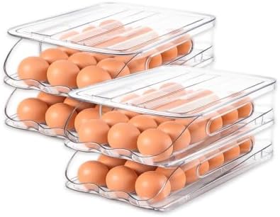 Auto Rolling Egg Holder for Fridge, 2-Tier Stackable Egg Dispenser Container with Lid, Clear BPA-Free Plastic Refrigerator Egg Storage Bin Tray, Space Saving Organizer for 36 Eggs - Pack of 2