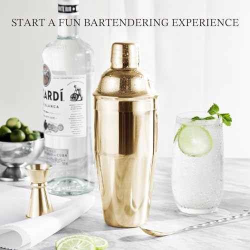 Cocktail Shaker Set, Stainless Steel Bartending Kit with 25 Ounce Cocktail Shaker with Built in Drink Strainer, Measuring Jigger, Mixing Spoon & Drink Recipe Guide, Gold