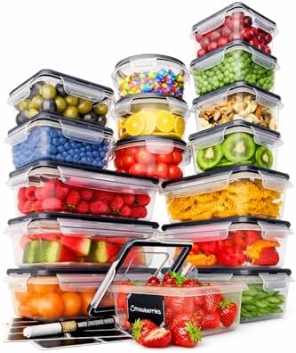 32 Piece Airtight Food Storage Containers with Easy Snap Lids, 16 Containers and Lids, Stackable Kitchen and Pantry Canisters for Meal Prep and Food Storage - Transparent