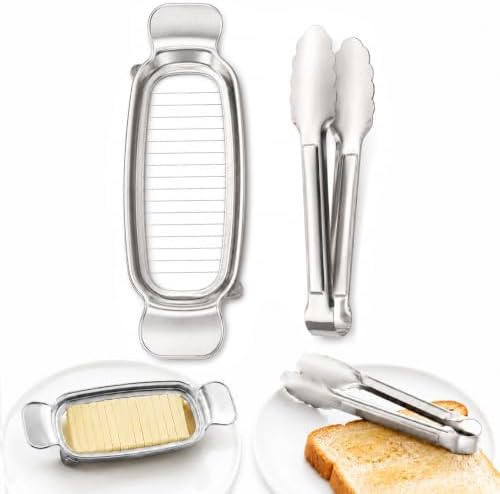 Butter Slicer Cutter with Serving Tongs, 304 Stainless Steel Butter and Cheese Cutter Wire Slicer Kitchen Gadget for Block Butter, Soft Cheese, Toast, Pancakes, Breakfast, Baking and Serving by Silbingan