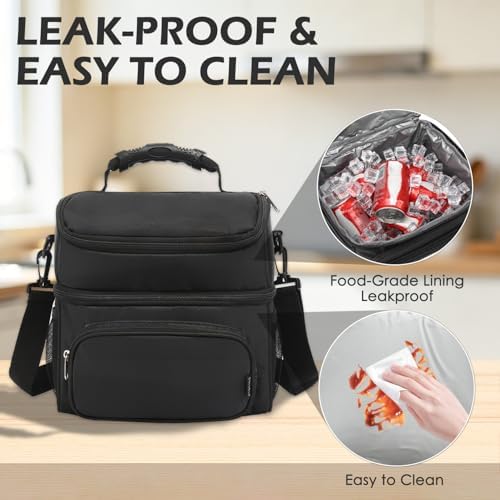 Double Layer Cooler Insulated Lunch Bag Adult Lunch Box Large Tote Bag for Men, Women, With Adjustable Strap,Front Pocket and Dual Large Mesh Side Pockets