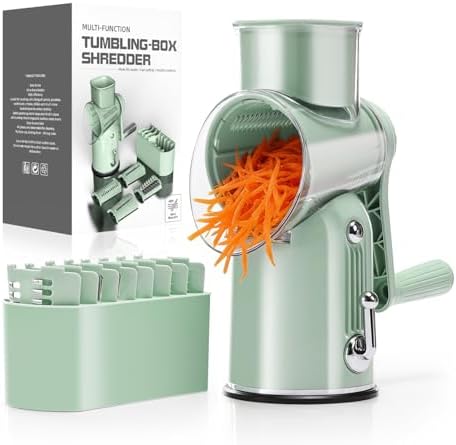Rotary Cheese Grater 5 in 1 Green - Hand Crank Vegetable Cutter, Shredder, Slicer, Enlarge Input, Suction Base, Labor-Saving Handle, Blade Storage Box, for Onion, Potato, Vegetable, Nuts, etc