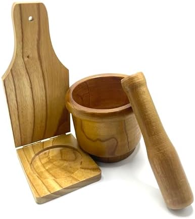 2pcs Pilon Tostonera Kitchen Latin Cuisine Wooden Mortar and Pestle with Natural Wood Plantain Press – Tostones Plantain Smasher Grinder for Fried Bananas, Garlic, Spices, Herbs, Peppers Add Flavor