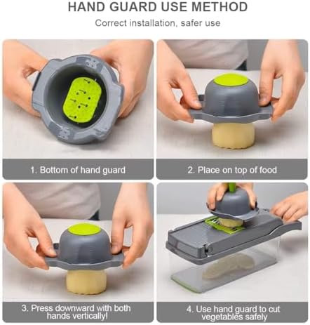 Vegetable Chopper and Slicer, 15-in-1 Manual Food Dicer with Container, Stainless Steel Blades, Gray and Green - Image 4