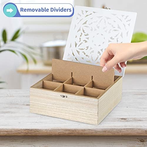Wood Tea Bag Organizer, 9 Compartment Tea Storage Box with Floral Pattern Lid, Tea Holder Box for Cabinet, Pantry