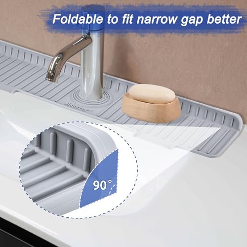 20 inch Kitchen Sink Splash Guard, 10° Large Slope & Adaptable Hole Faucet Mat for Kitchen Sink, Silicone Sink Organizer Sponge Holder for Kitchen, Bathroom, RV, Bar, 20” x 5.5”, Gray