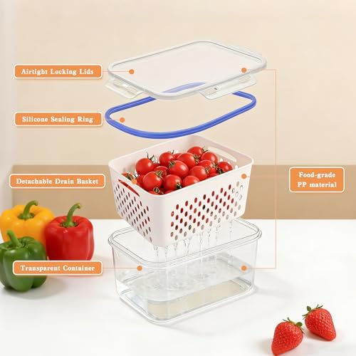 3PCS Fruit Storage Containers, Fruit Storage Containers With Lid And Colander, Household Transparent Plastic Food Storages Box-Including Drain Basket, Multipurpose Large For Fridge