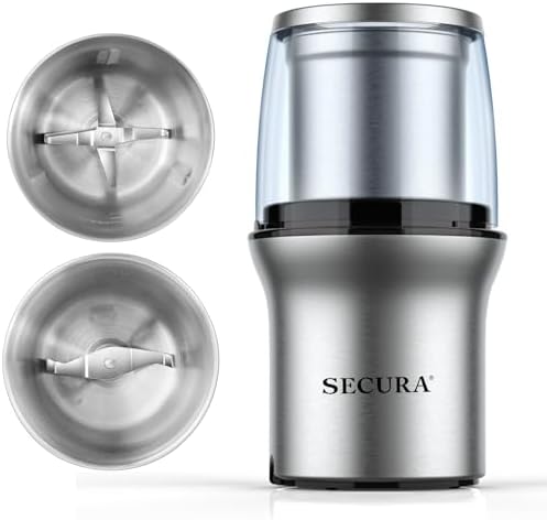 Secura Electric Coffee and Spice Grinder, 2 Removable Bowls, Stainless by Secura