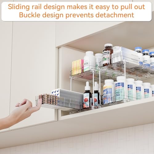 2 Tier Sliding Spice Racks for Cabinets,2 Pack 10.4'' Deep Narrow Vertical Spice Rack Pull Out for Inside Cabinets,Kitchen,Pantry,Cupboard Seasoning,Jar Organizer and Medicine Cabinet Storage