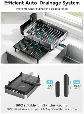 Large Dish Drying Rack, Expandable Dish Racks for Kitchen Counter, Space Saving 304 Stainless Steel Drying Rack Kitchen, Extra Large Drainer with Multifunctional Flip Up Pegs, Black