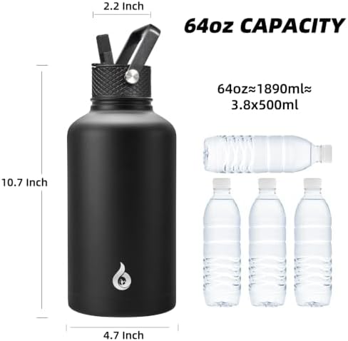 64oz Insulated Water Bottle, Half Gallon Water Jug with Straw Lid