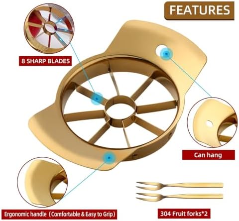 Fruit Slicer, 304 Stainless Steel Fruit Cutter 8 Slices, Corer for Fruits & Vegetables, Ergonomic Handle Easy Grip Pears Divider, Sturdy and Sharp, Dishwasher Safe (Gold)