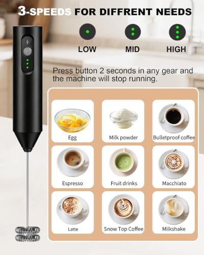 3-Speed Rechargeable Milk Frother Handheld with Travel Case - Image 3