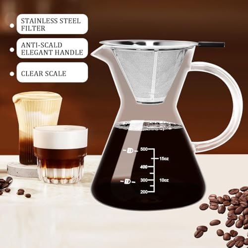 17oz/500ML Glass Pour Over Coffee Maker & Stainless Filter
