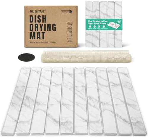 Stone Dish Drying Mat Collapsible Diatomaceous Earth Absorbent Mat Quick Dish Drying Pad Dish Rack Pad Match Any Counterto Multiple Usage for Kitchen,Bathroom (White Marble Pattern, 24"L x 16"W)
