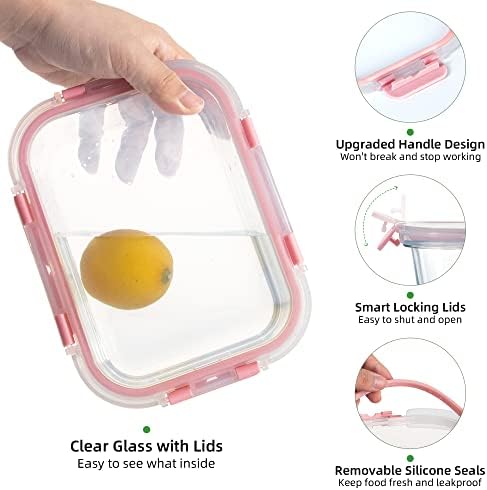 10 PACK Glass Food Storage Containers with Leak Proof Lids, Glass Airtight Meal Prep Containers Set for Lunch, On the Go, Leftover, Kitchen Pantry Organizers and Storage (Pink)