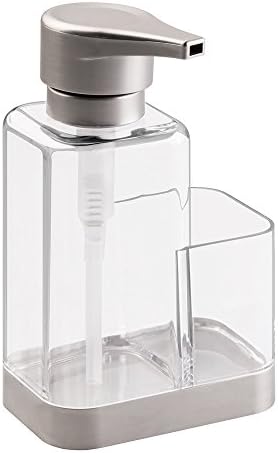 Modern Plastic Kitchen Sink Countertop Liquid Hand Soap Dispenser Pump Bottle Caddy with Storage Compartment - Holds and Stores Sponges, Scrubbers and Brushes - Clear/Brushed