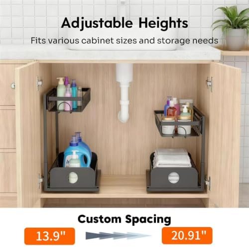 Under Sink Organizer, 1 Pack Under Kitchen Cabinet Organizer, Height Adjustable Pull Out Mute Slide-Out 2 Tier Metal Under Sink Storage for Bathroom, Pantry, Kitchen & Bedroom (Black, 1 Pack)